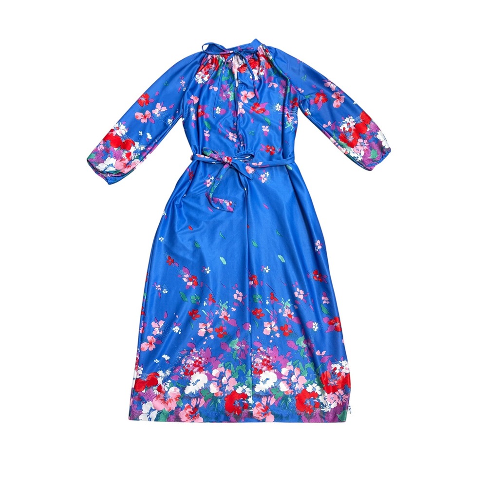Vintage Tara New York Floral Maxi Dress Blue Long Sleeve 70s Gown Belted Large